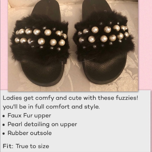 PEARL FURRY BLACK EMBELLISHED SLIDE - Picture 6 of 7